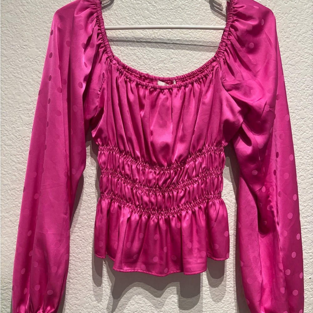 Wayf Fuchsia Ruched Blouse with Polka Dots